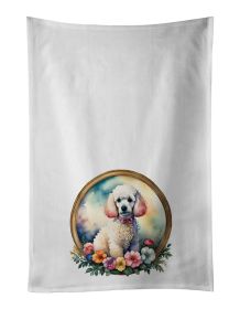 White Poodle and Flowers Kitchen Towel Set of 2 White Dish Towels Decorative Bathroom Hand towel for Hand, Face, Hair, Yoga, Tea, Dishcloth, 19 X 28"