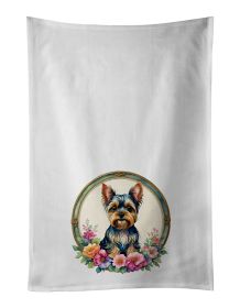 Yorkshire Terrier and Flowers Kitchen Towel Set of 2 White Dish Towels Decorative Bathroom Hand towel for Hand, Face, Hair, Yoga, Tea, Dishcloth