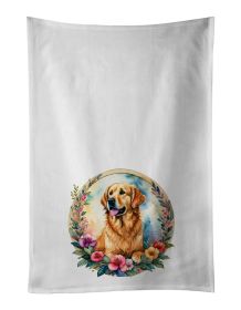 Golden Retriever and Flowers Kitchen Towel Set of 2 White Dish Towels Decorative Bathroom Hand towel for Hand, Face, Hair, Yoga, Tea, Dishcloth