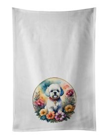 Bichon Frise and Flowers Kitchen Towel Set of 2 White Dish Towels Decorative Bathroom Hand towel for Hand, Face, Hair, Yoga, Tea, Dishcloth, 19 X 28"