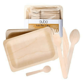 Disposable Wooden Cutlery Utensils Set – (Pack of 60) 12 10.5-inch Plates 12 Forks 12 Knives 12 Spoons 12 Small Spoons Eco-Friendly Silverware Compost