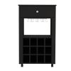 39" H black bar- coffee cart, Kitchen or living room cabinet storage, with 12 bottle racks, a central shelf with 1 Cup holders