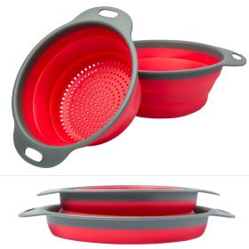 Collapsible Colander Silicone Bowl Strainer Set of 2, Portable Folding Filter Basket Bowls Container Rubber Strainer, Use for Draining Fruits (Color: Red)