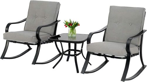 3 Piece Patio Chair, Outdoor Rocking Chairs Set with Coffee Table, Patio Chair (Color: Grey)